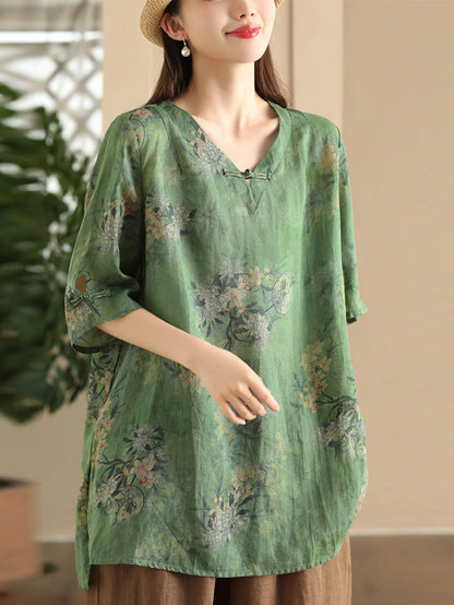 Chemise longue d'été vintage en ramie avec boucle à fleurs pour femme LL039