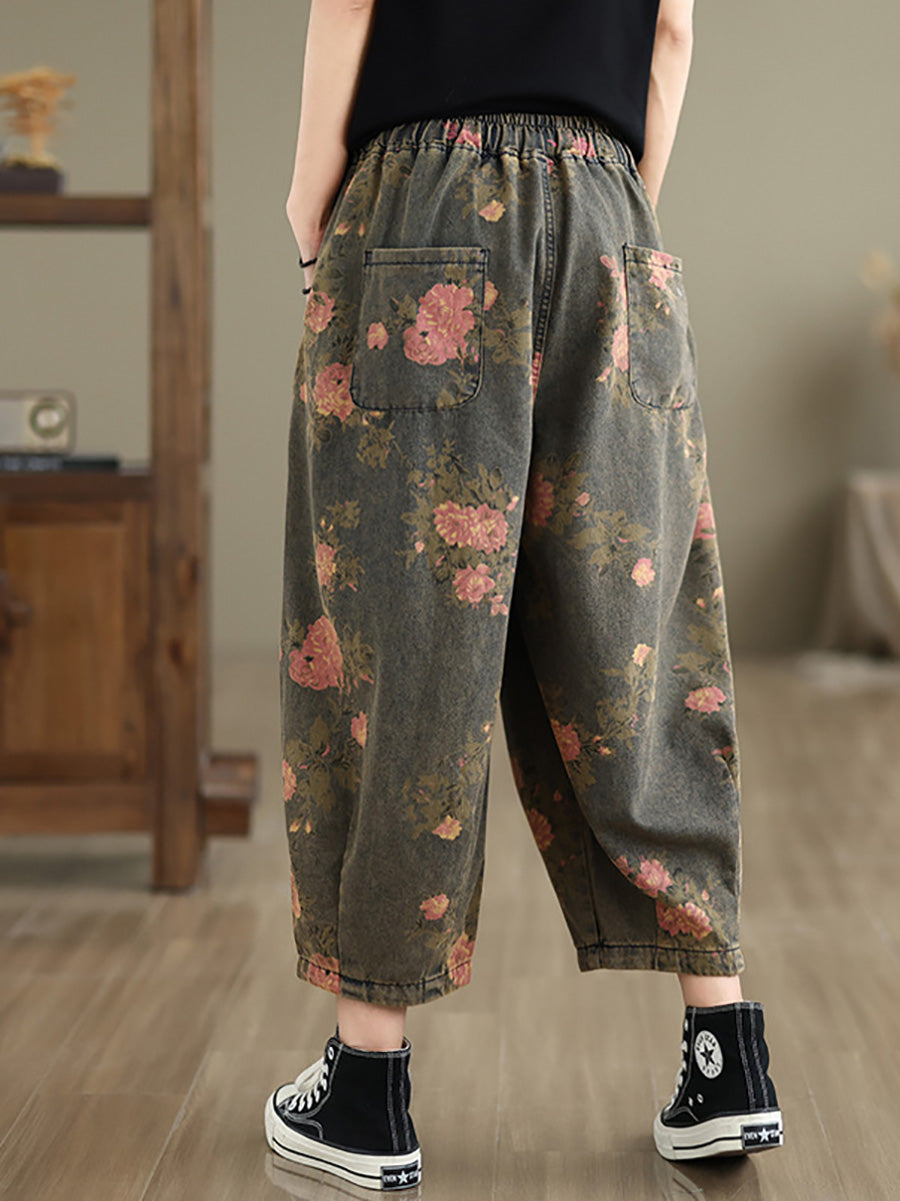 Women Summer Vintage Flower Denim Harem Pants LL034