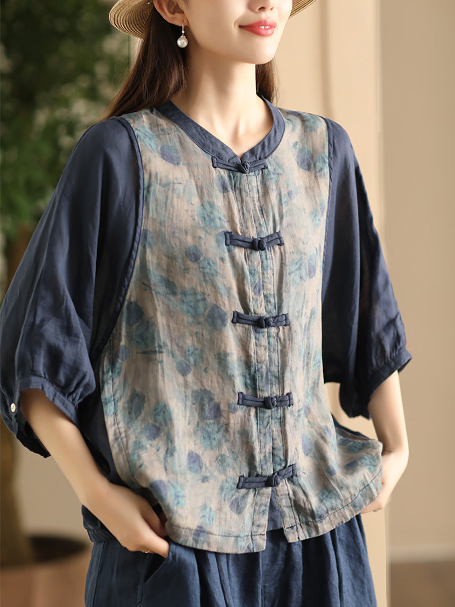 Women Summer Vintage Flower Spliced Button-up Ramie Shirt FD042