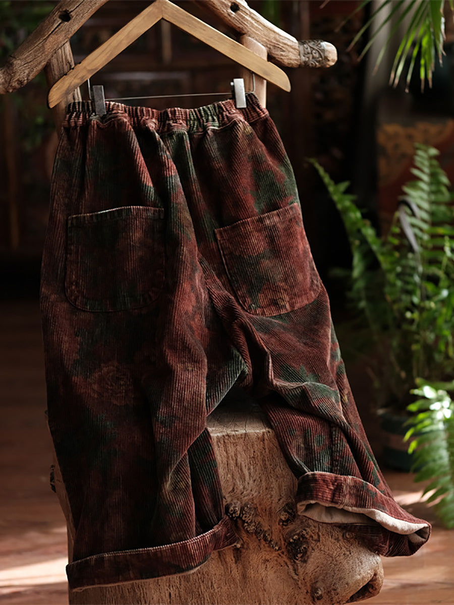 Women Vintage Spring Flower Croduroy Wide-leg Pants AT1079