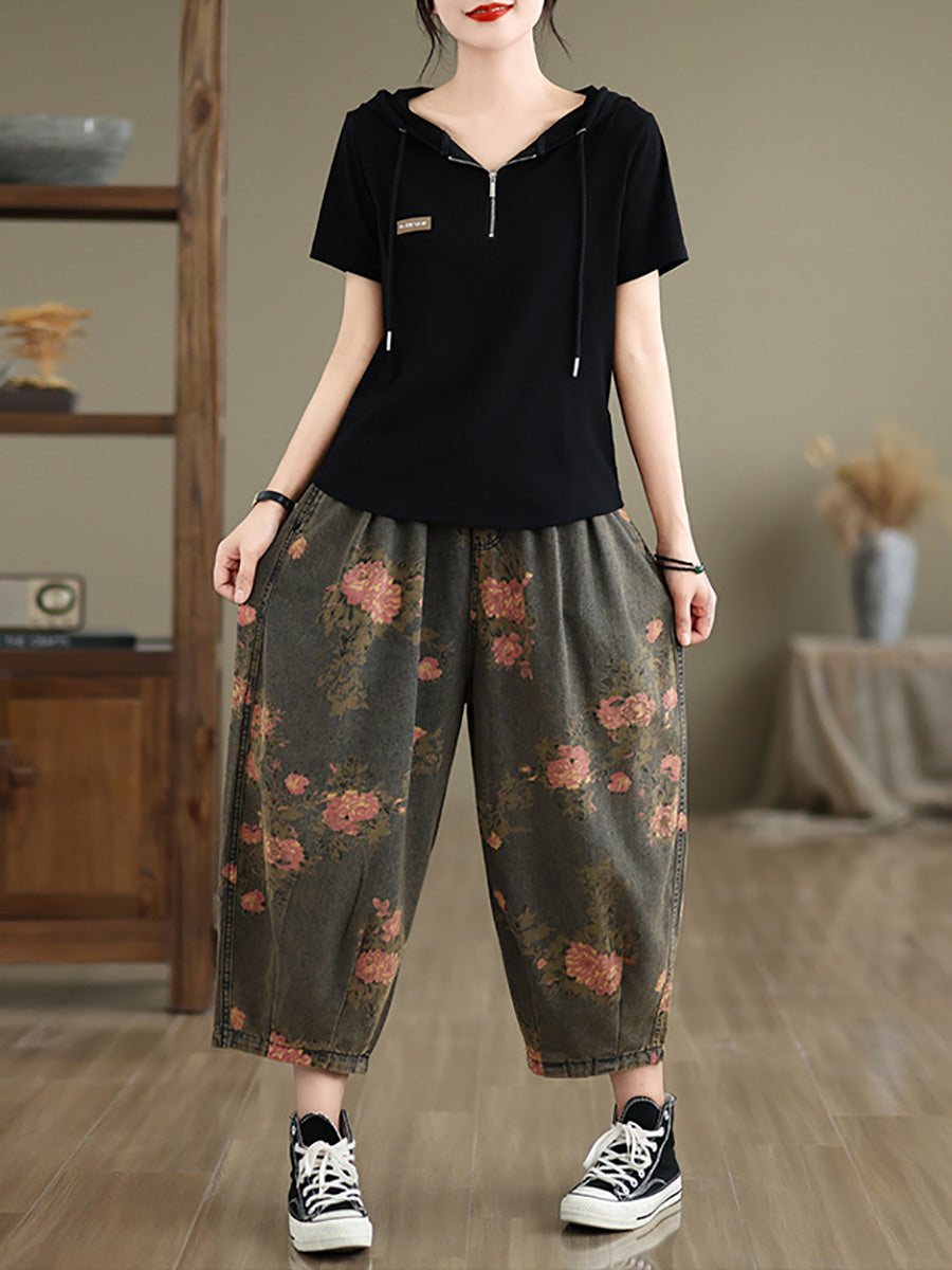 Women Summer Vintage Flower Denim Harem Pants LL034