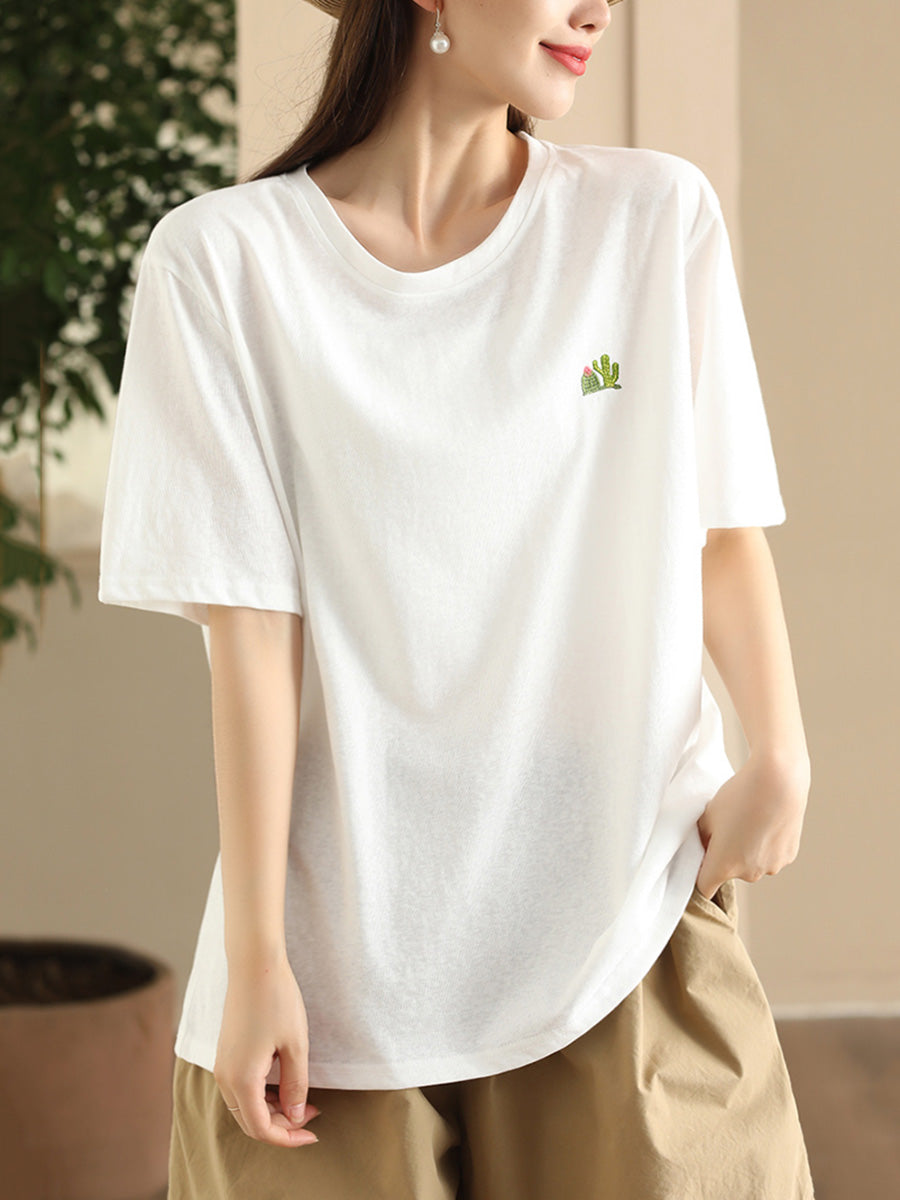 Women Summer Casual Solid Embroidery O-Neck Cotton Shirt CX060