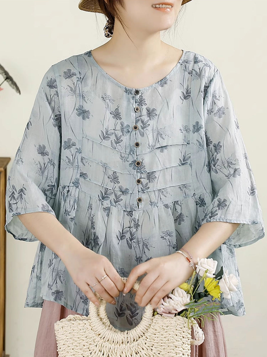 Women Summer Artsy Floral Button Spliced O-Neck Ramie Shirt HH003