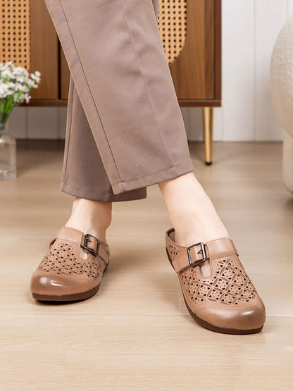 Heel Hollow Out Genuine Low Leather Women Shoes Vintage