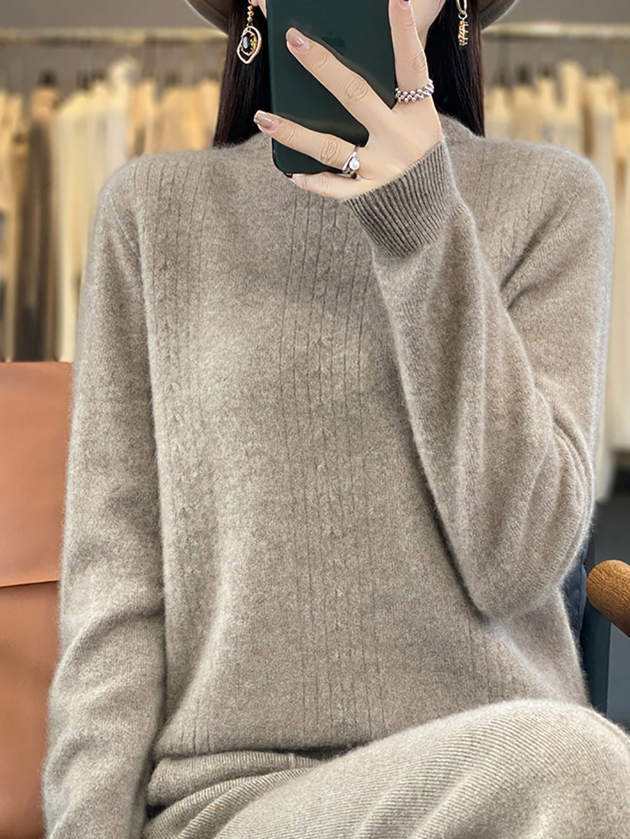 Women Autumn Solid Cable Knit 100%Wool Half Turtleneck Sweater QN028