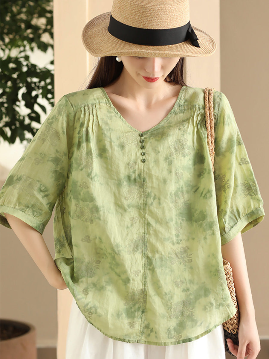 Women Summer Artsy Flower V-Neck Thin Ramie Shirt FD004