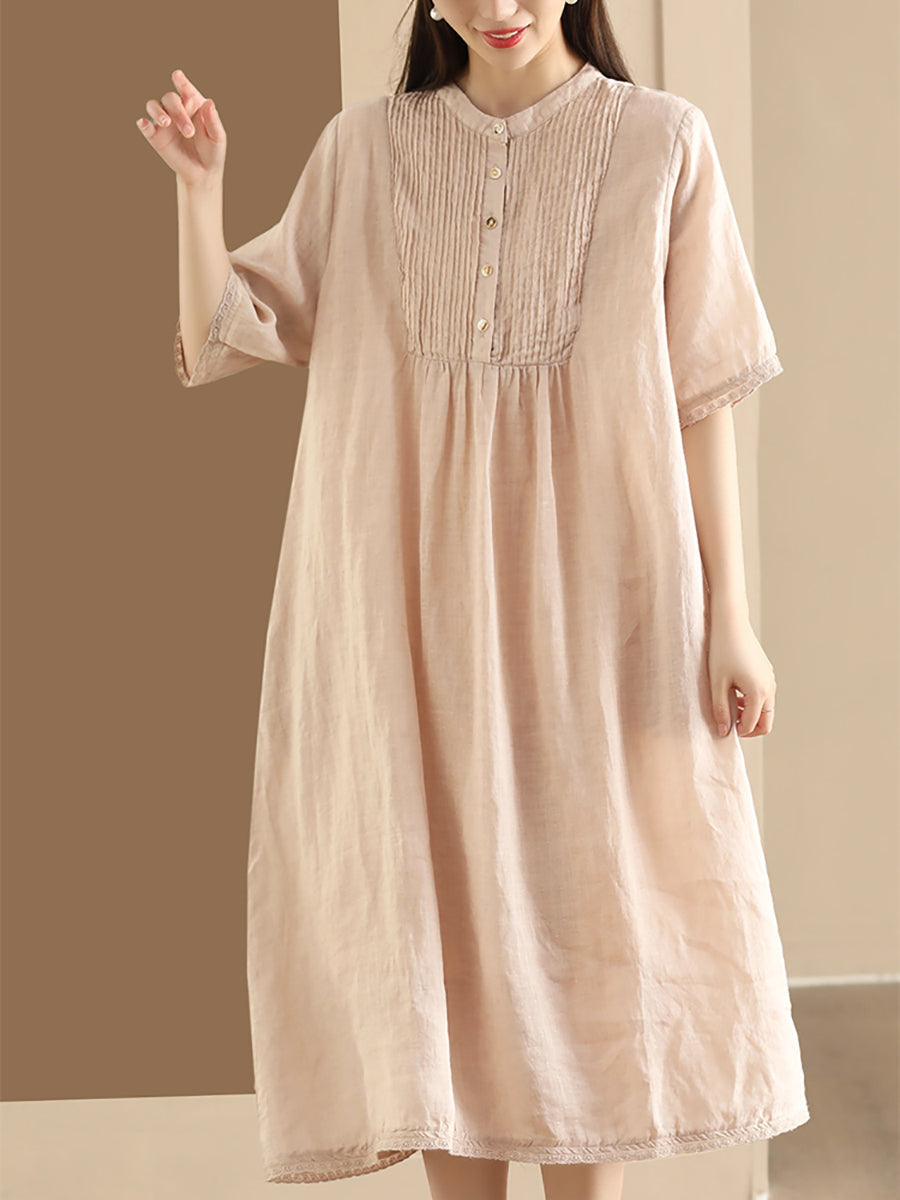 Women Summer Casual Solid Shirred Button Linen Dress HH019