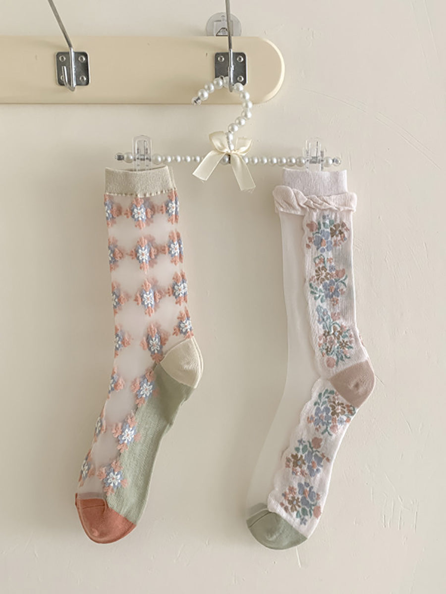 3 Paar lange Jacquard-Socken mit Blumenmuster für Damen FD029