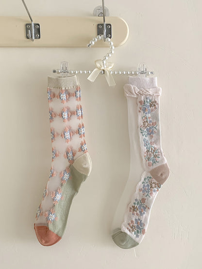 Lot de 3 paires de chaussettes longues en jacquard à fleurs artistiques pour femmes FD029