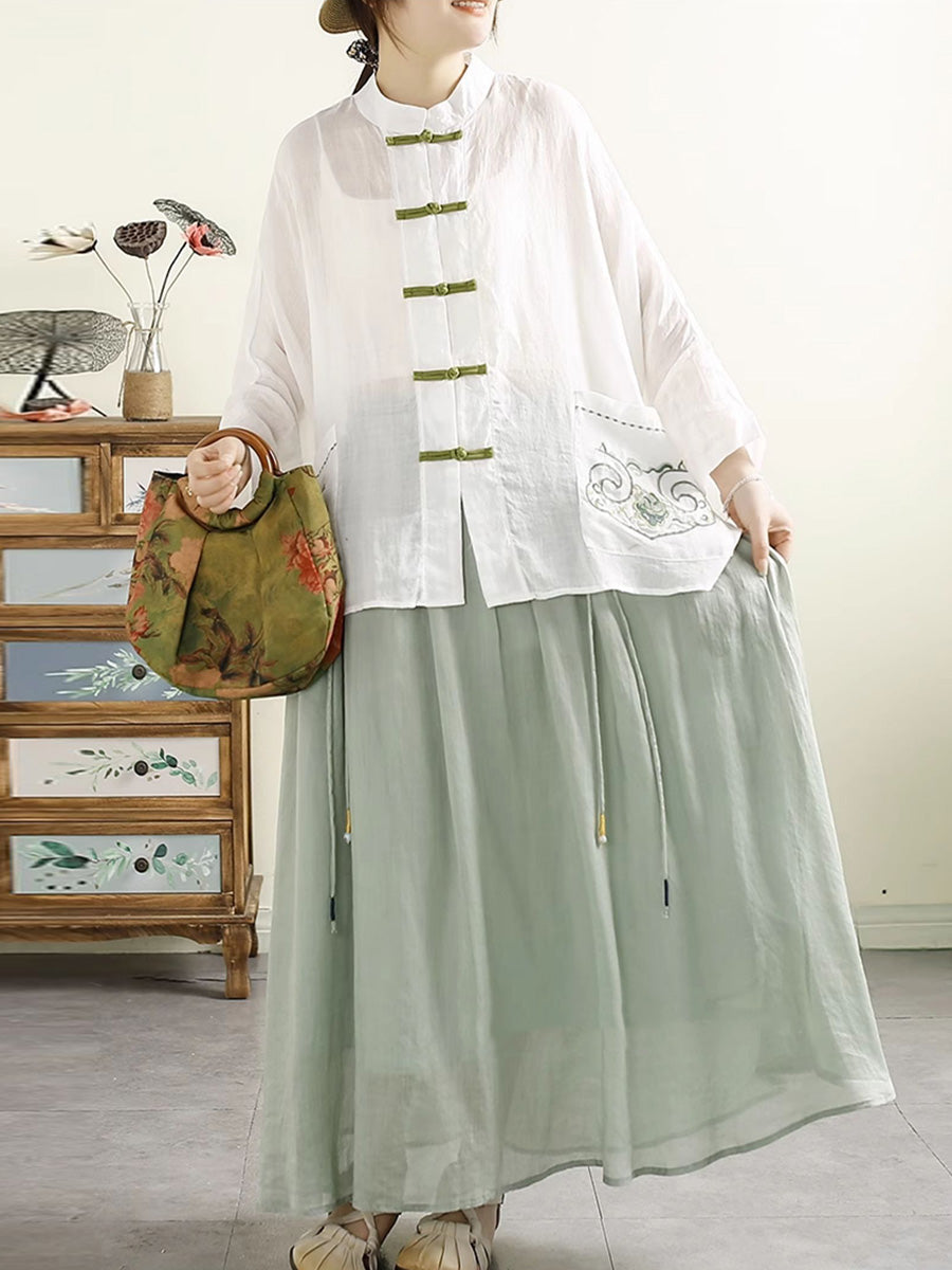 Women Summer Vintage Embroidery Ramie Shirt QW1045