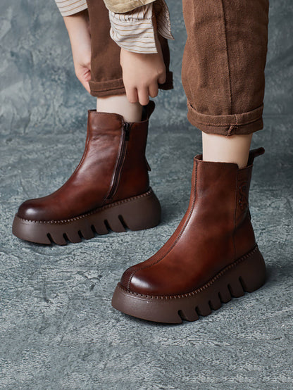 Bottes à plateforme rétro en cuir véritable pour femmes QM017