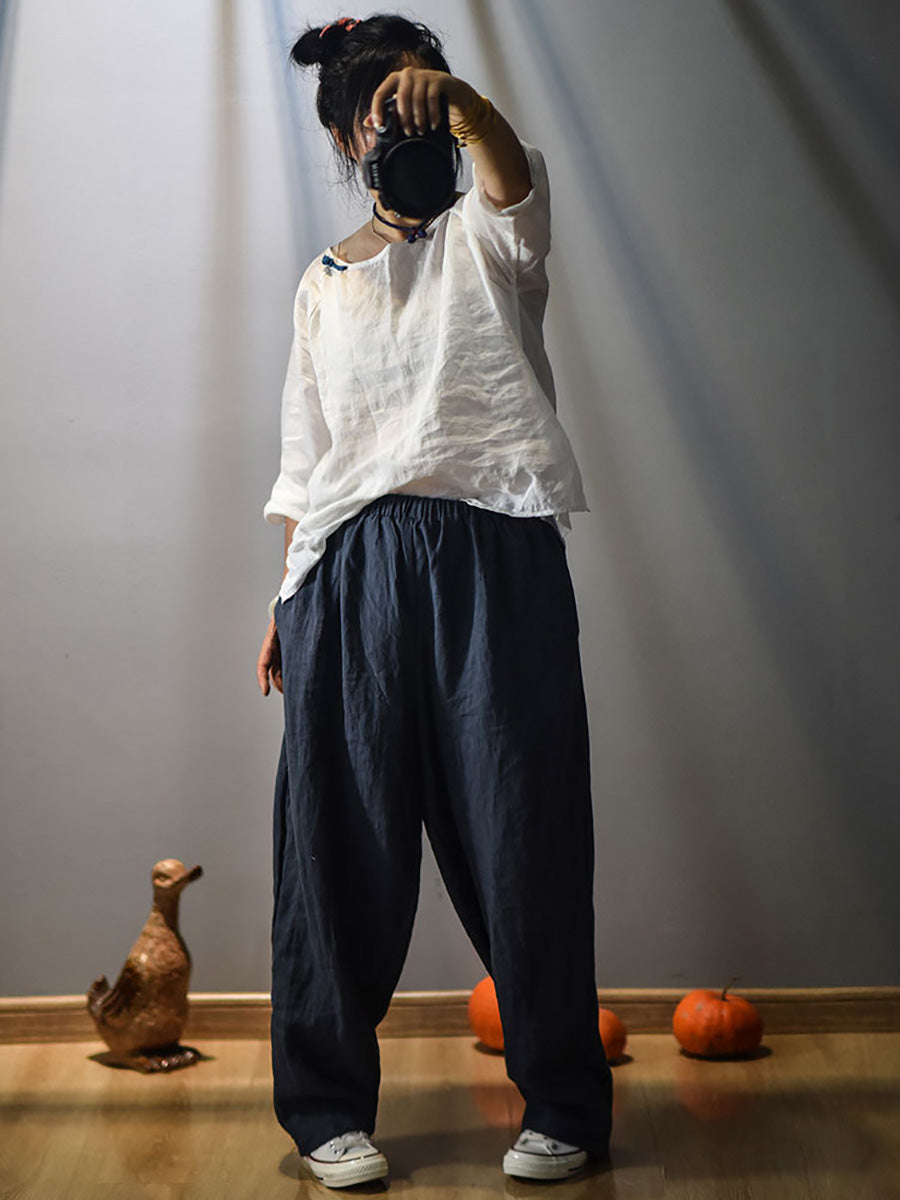 Women Vintage Spring Linen Solid Harem Pants FD040