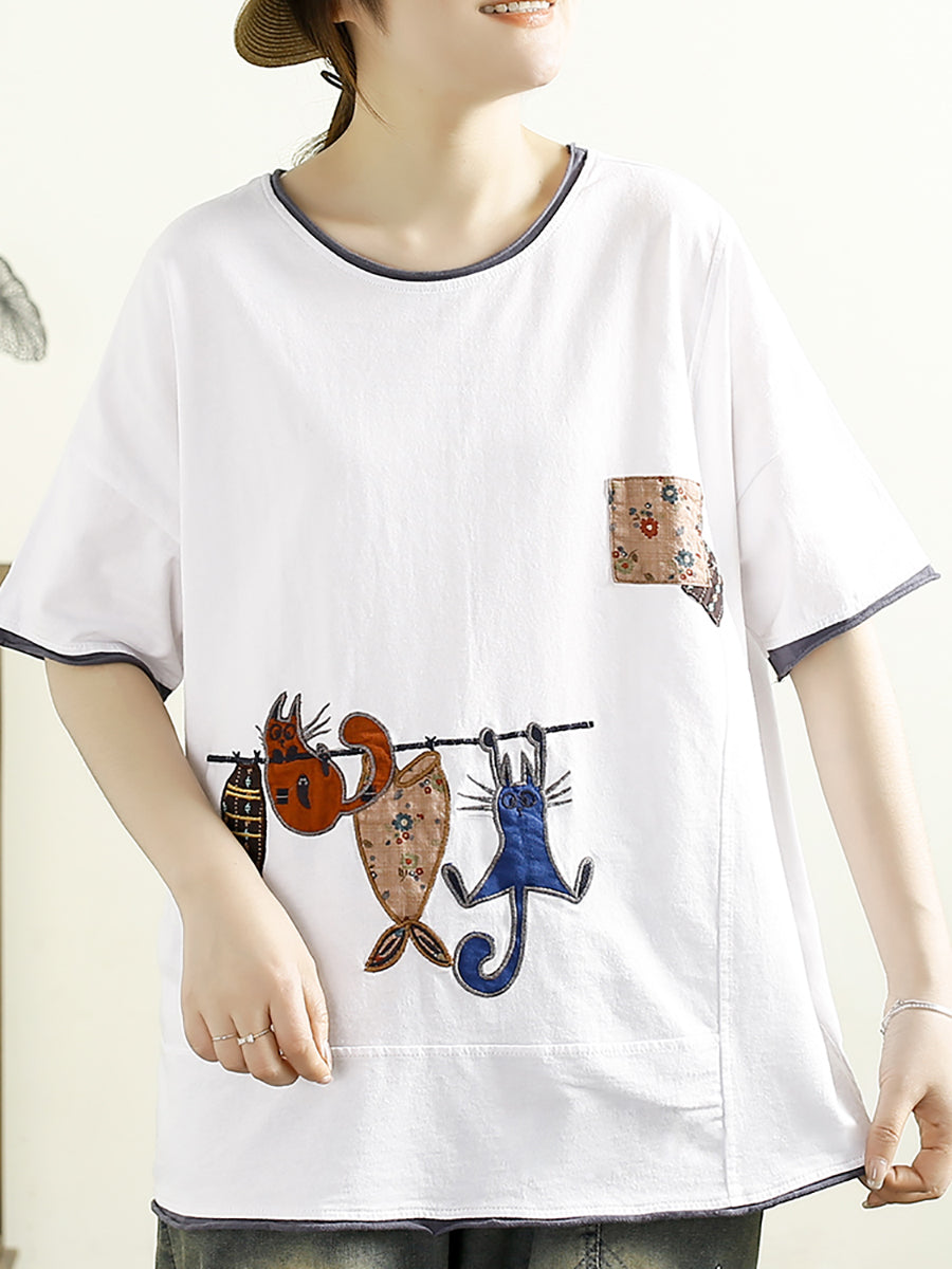 Women Summer Casual Cat Fish Spliced Cotton Shirt CV1038