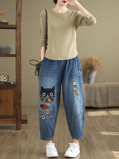 Pantalon sarouel en denim épissé avec patch de chat décontracté pour femme, automne AV1004 