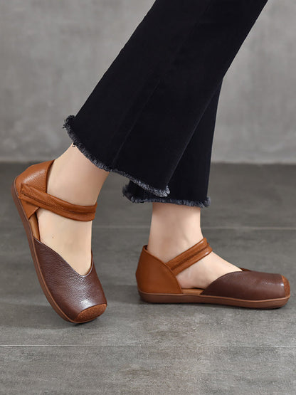 Chaussures plates d'été en cuir à blocs de couleurs pour femmes QW1039