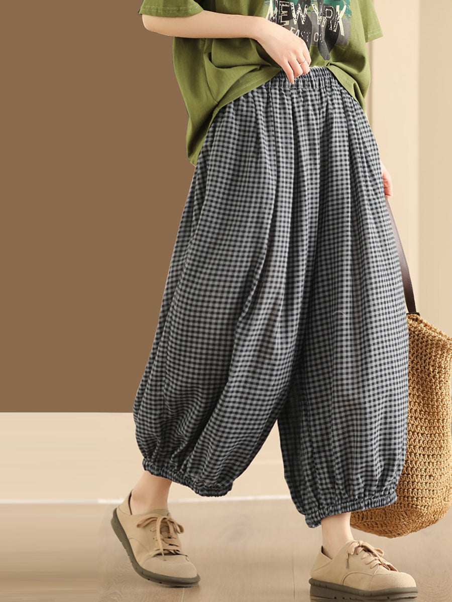 Women Summer Vintage Plaid Cotton Harem Pants ZZ1046