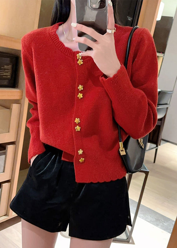 Chic Red O Neck Button Knit Cardigan Coat Fall QC046