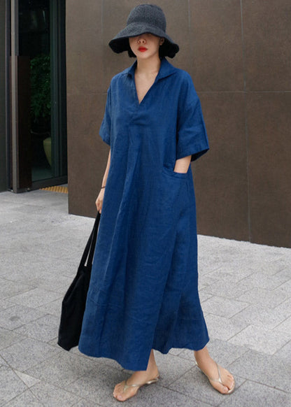Faltenkleid mit offenen Ärmeln, seitlich, kurz, Leinen, Blau