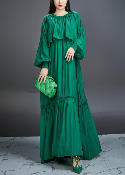 Robe longue en coton vert italien avec poches à volants et ceinture nouée Automne AJ1028 