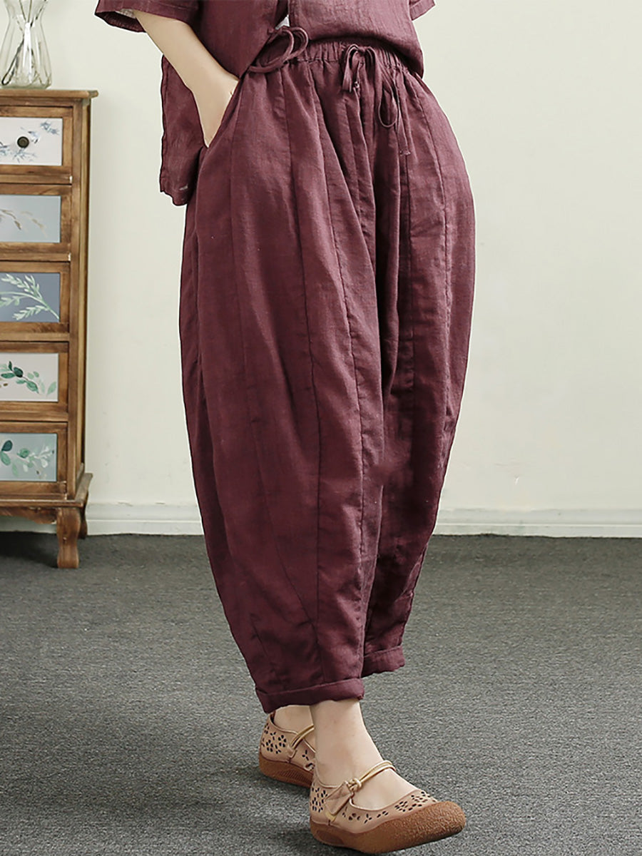 Women Summer Retro Spliced Harem Linen Pants CX010