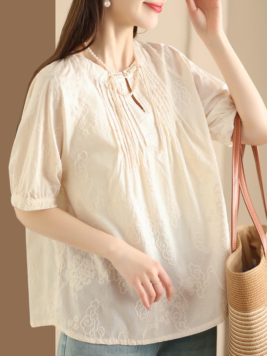 Women Artsy Solid Jacquard Shirred Cotton Loose Shirt XX1018