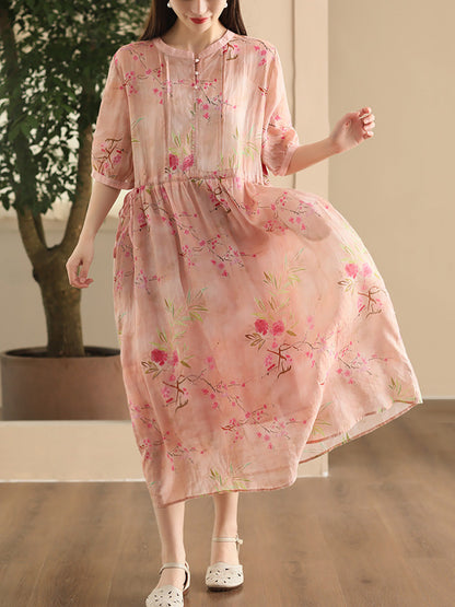 Robe d'été vintage à bretelles florales en ramie pour femmes CX008