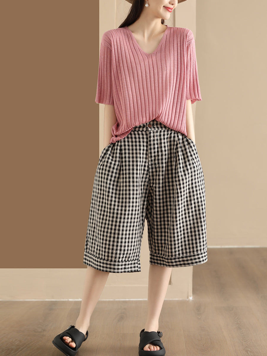 Women Summer Casual Plaid Linen Wide-leg Pants PP1028