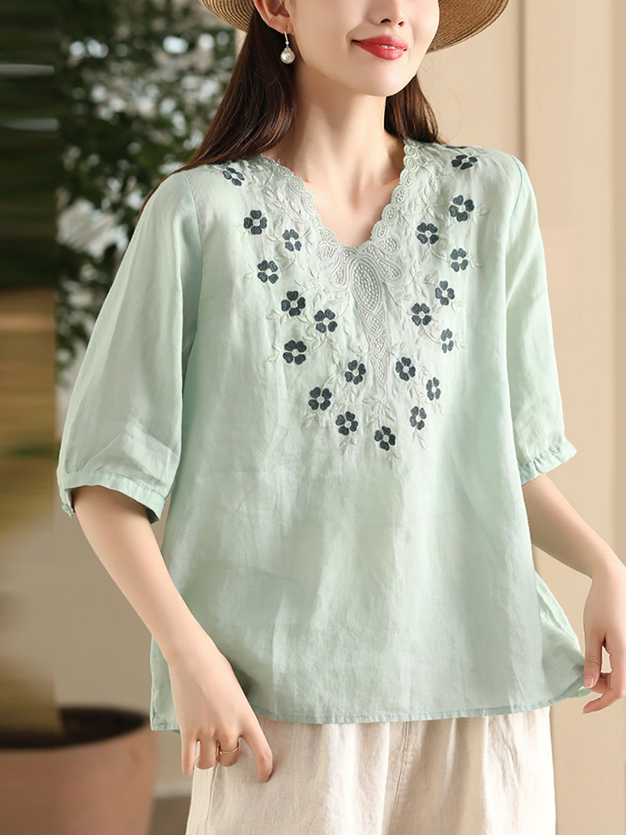 Women Summer Artsy Flower Embroidery Ramie V-Neck Shirt CC030