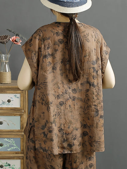 Frauen Ethnische Sommer Floral Schnalle 100% Ramie Shirt KL1007