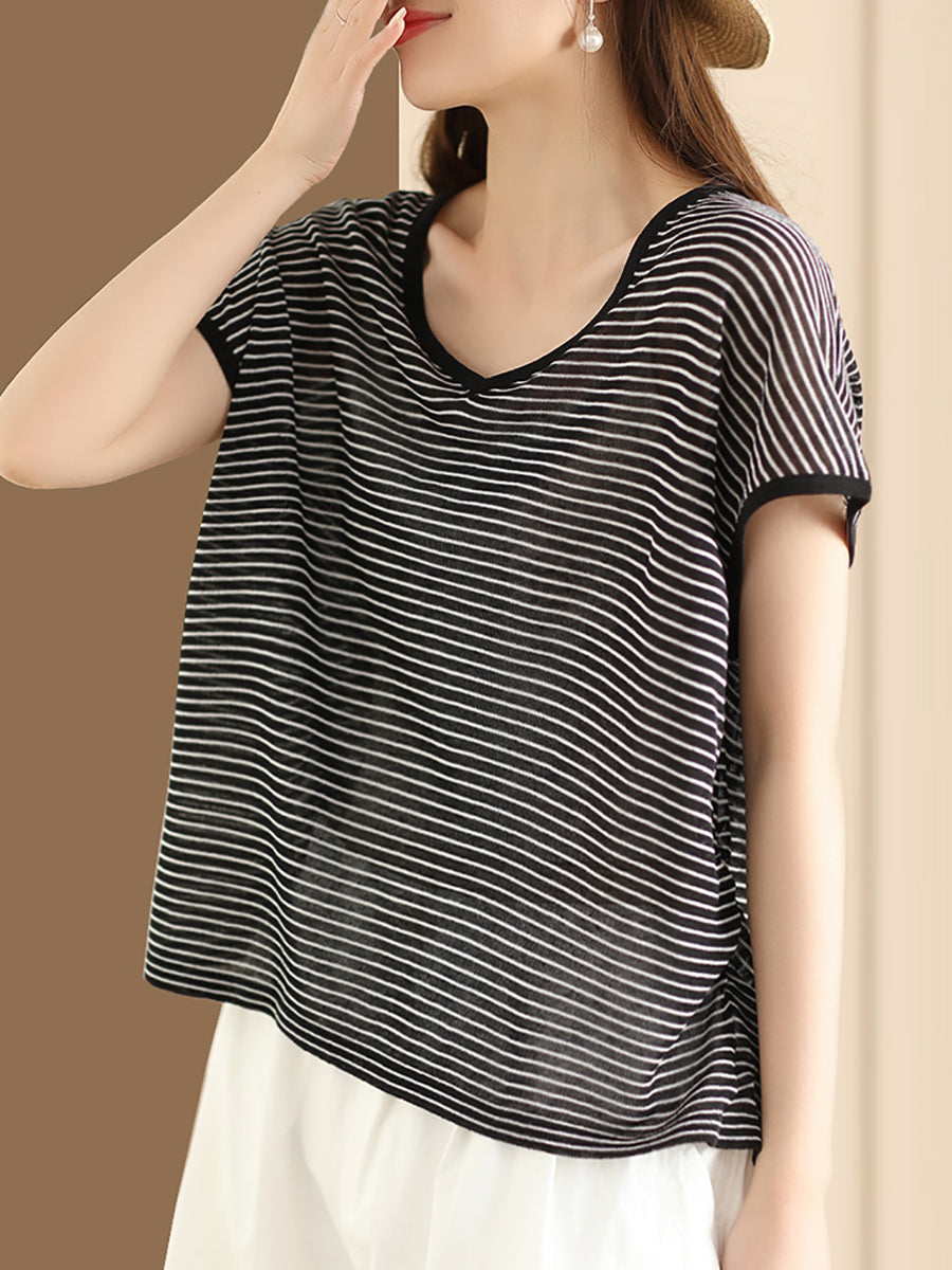 Women Summer Casual Stripe V-Neck Shirt AA1013