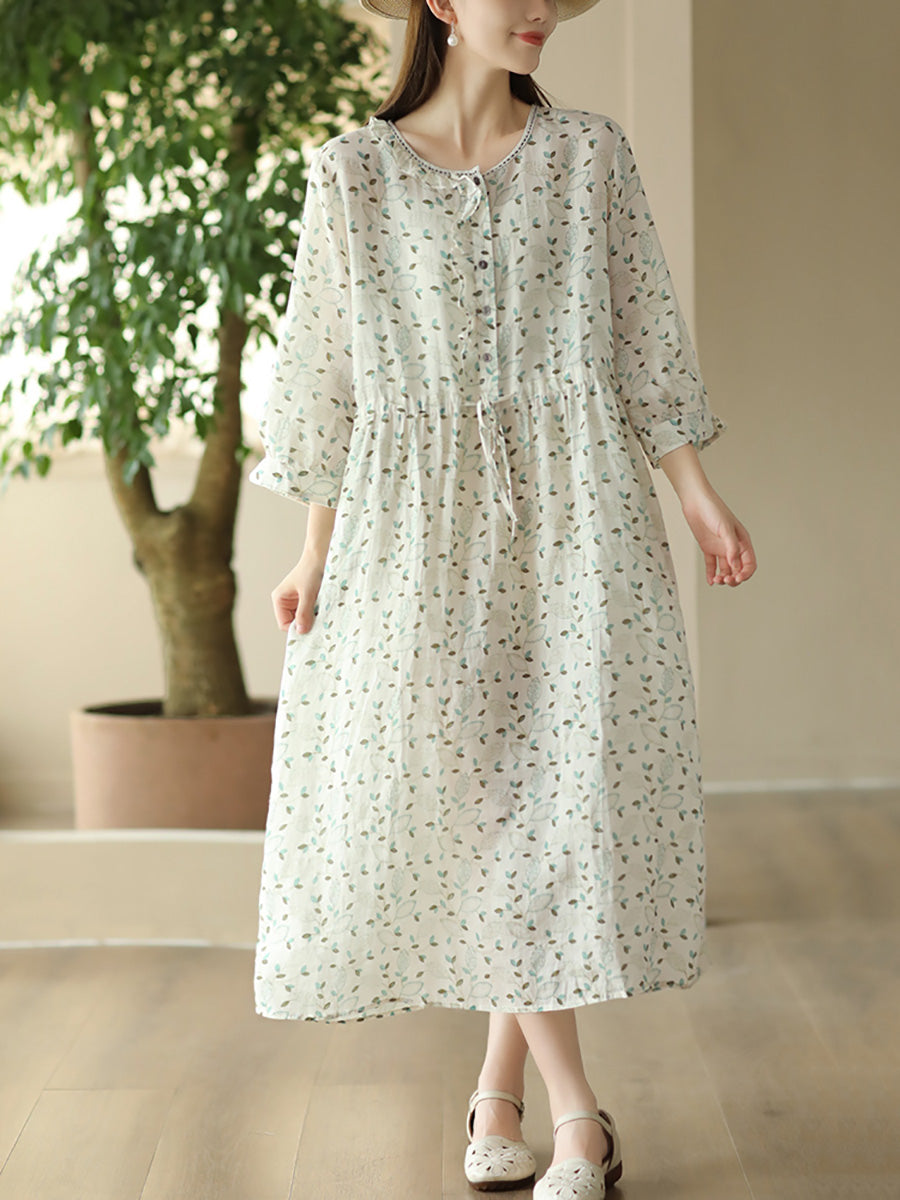 Women Summer Artsy Floral O-Neck Strap Ramie Dress FD010