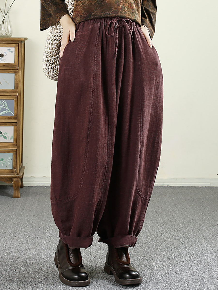 Women Autumn Vintage Solid Pocket Linen Harem Pants AV1031