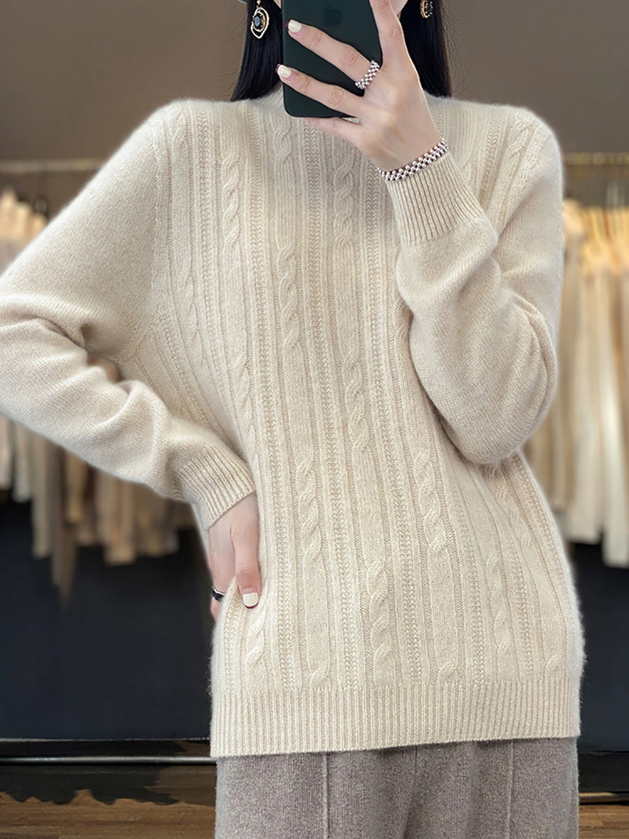 Women Autumn Solid Cable Knit 100%Wool Half Turtleneck Sweater QN027