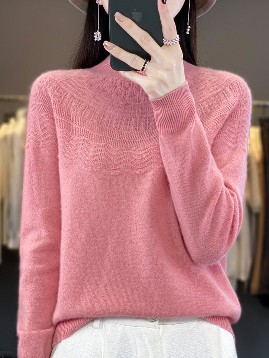 Women Autumn Cable Knit 100%Wool Half Turtleneck Sweater QN031