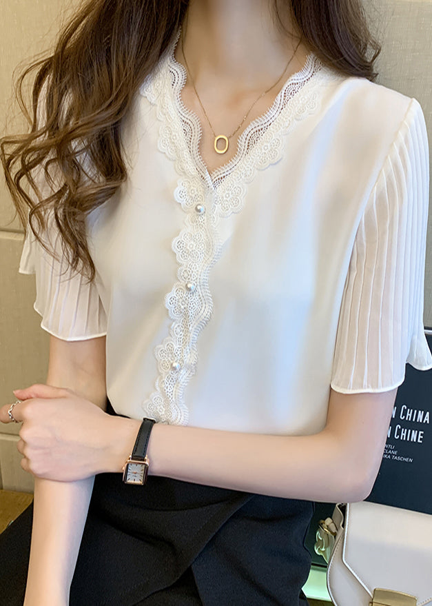 Italienisches Hemd Sommer Perlen Rosa Spitze Chiffon Nagel Patchwork Top