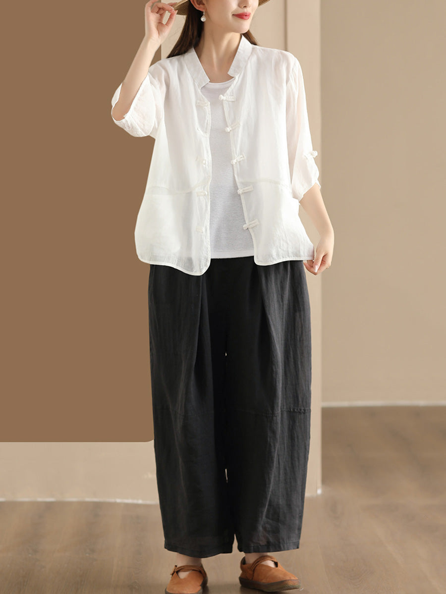 Women Summer Ethnic Solid Button-up Ramie Shirt QW1046