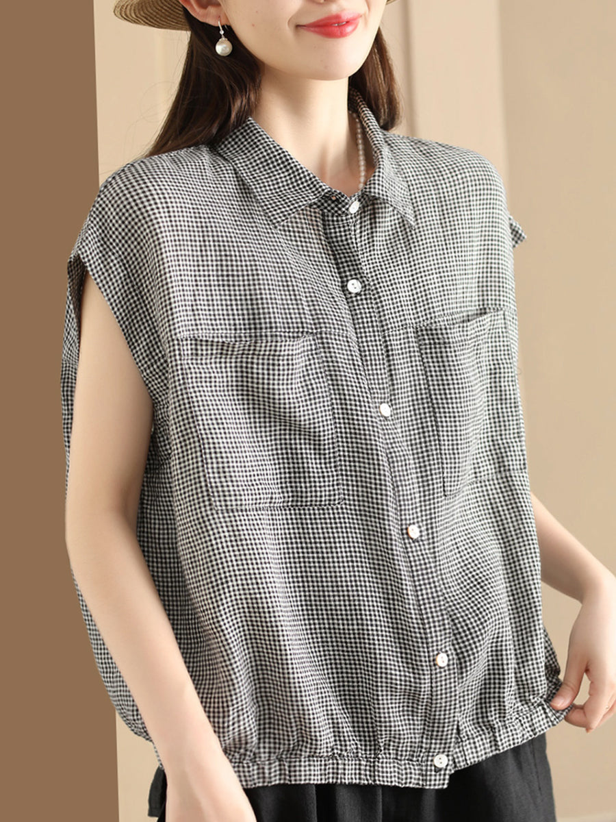 Damen Sommer Casual Plaid Button-up Leinen Hemd HH013