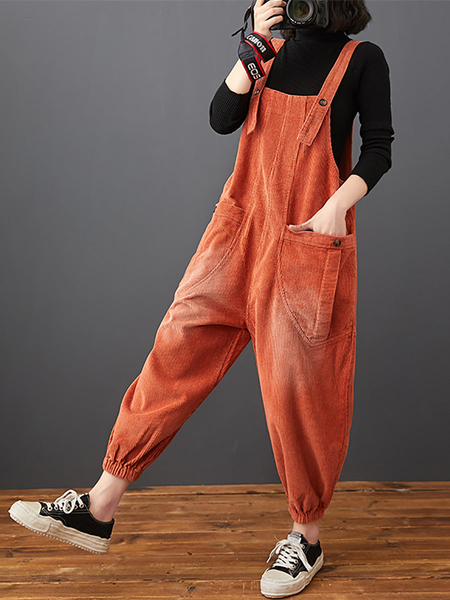 Women Commute Autumn Solid Corduroy Loose Jumpsuits AK1022