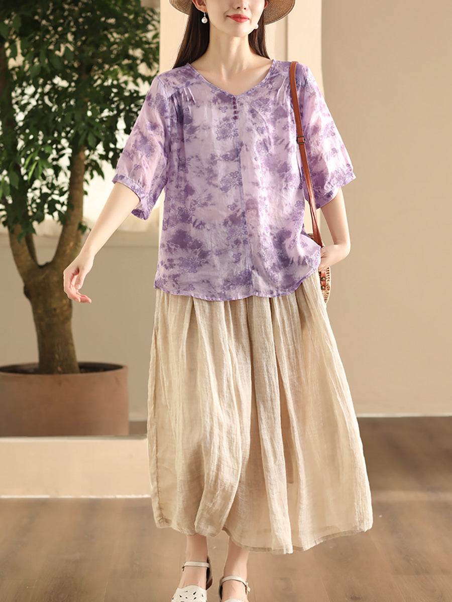 Women Summer Artsy Flower V-Neck Thin Ramie Shirt FD004