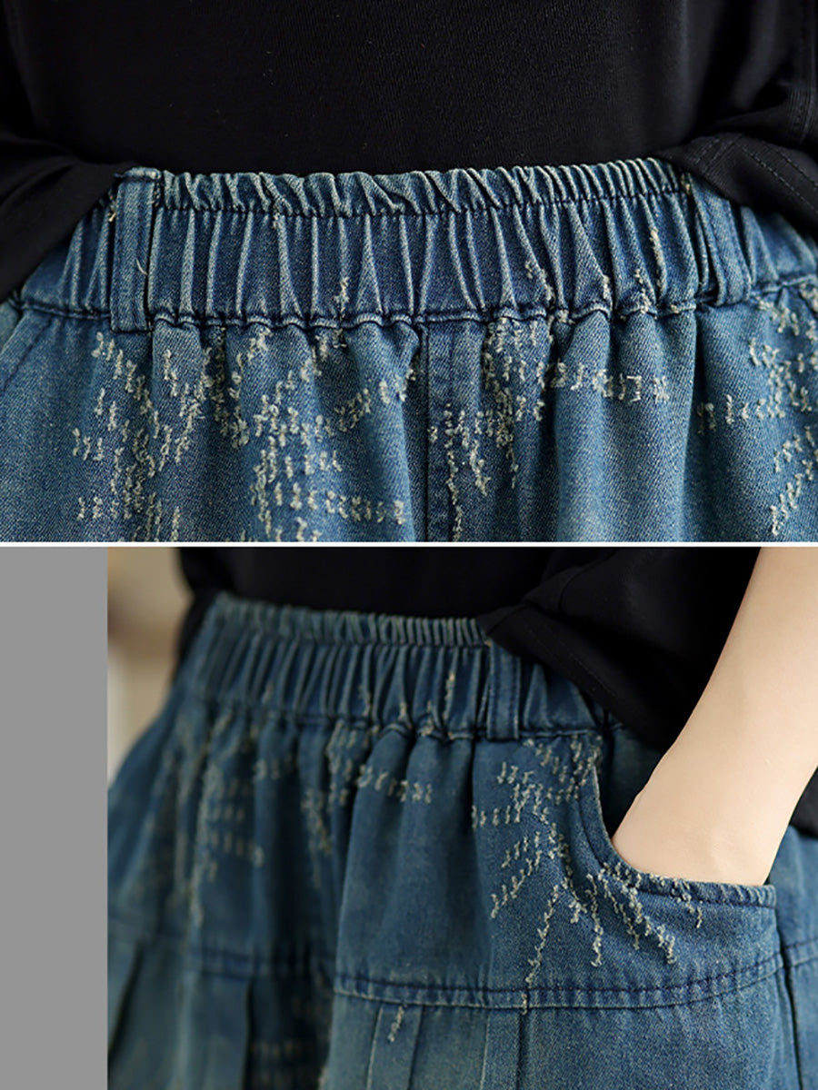 Women Summer Retro Star Jacquard Denim Fifth Pants CC012