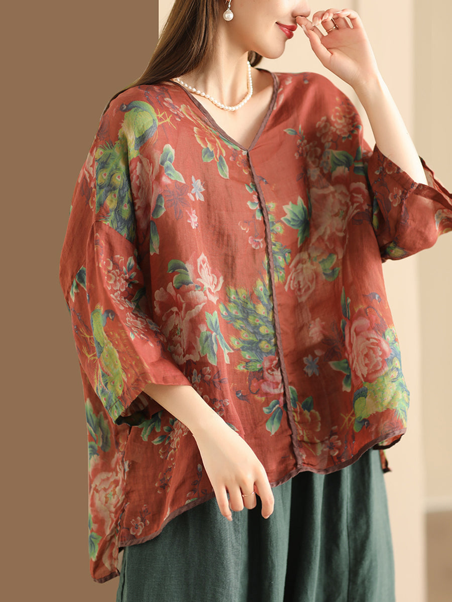 Women Vintage Floral V-Neck Linen Summer Shirt XX1014