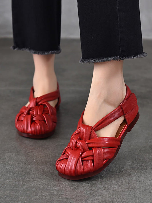 Chaussures plates d'été en cuir véritable tissé pour femmes