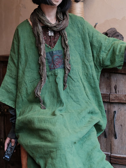 Women Retro Summer Spliced Linen V-Neck Dress AA1033