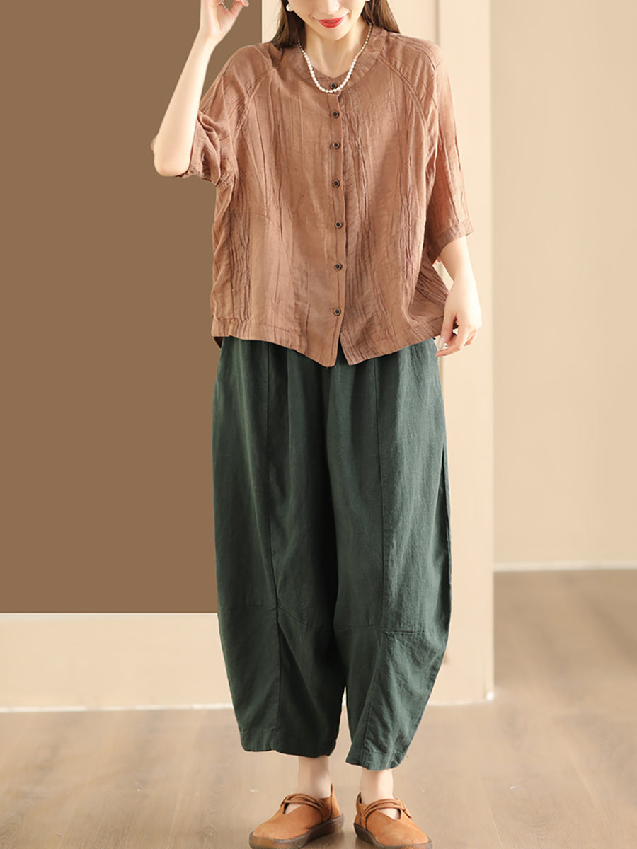 Women Summer Retro Solid Linen Button-up Shirt XX1012