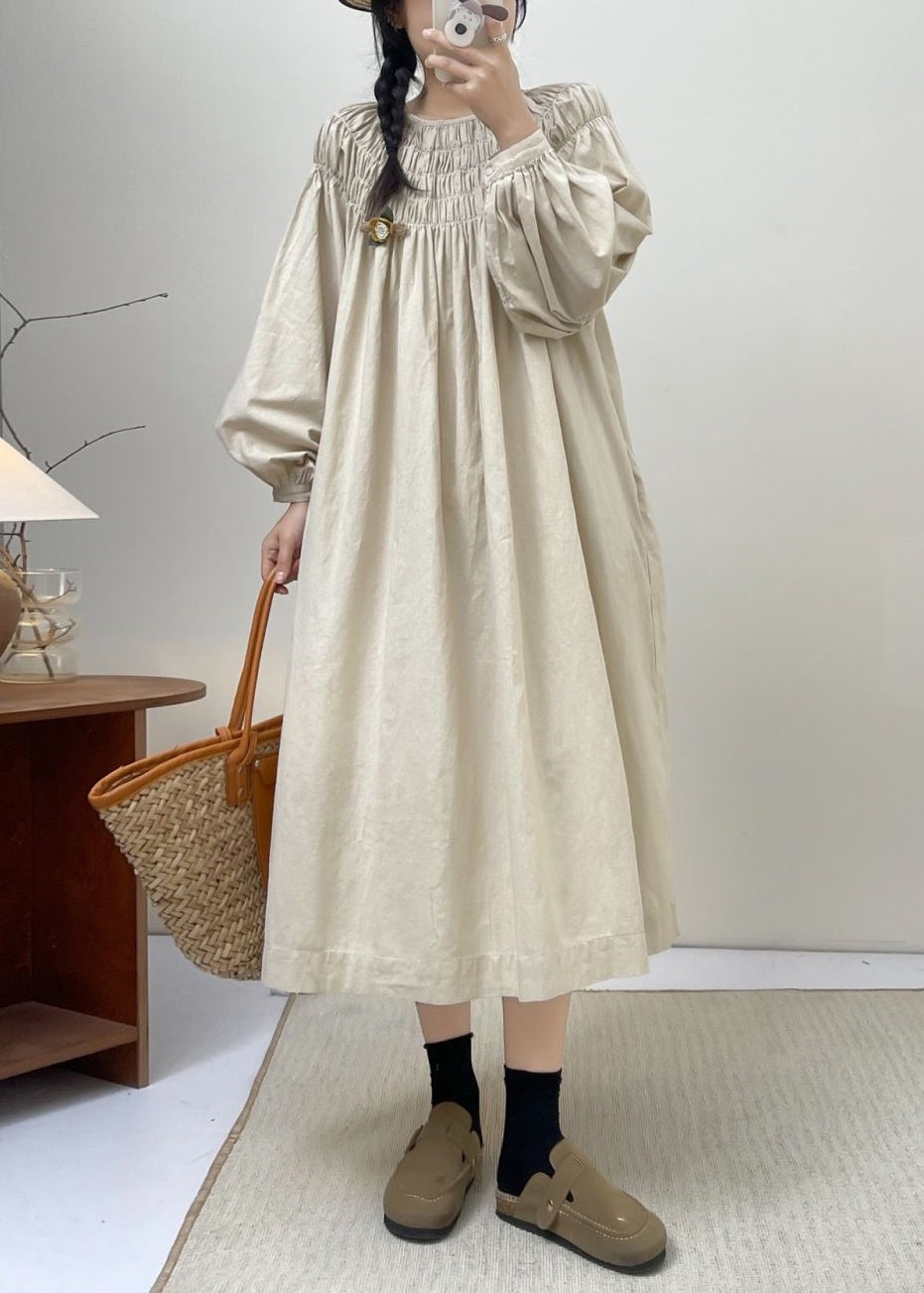 Beige Solid Cotton Dresses Lace Up Long Sleeve NN044