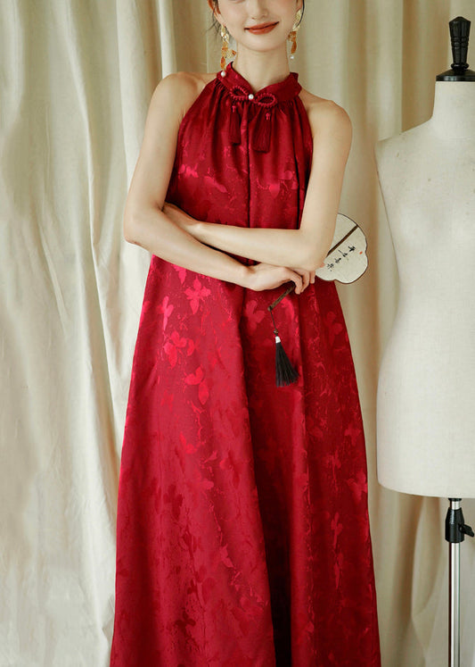 Robe longue ample rouge en coton sans manches avec nœud en jacquard 