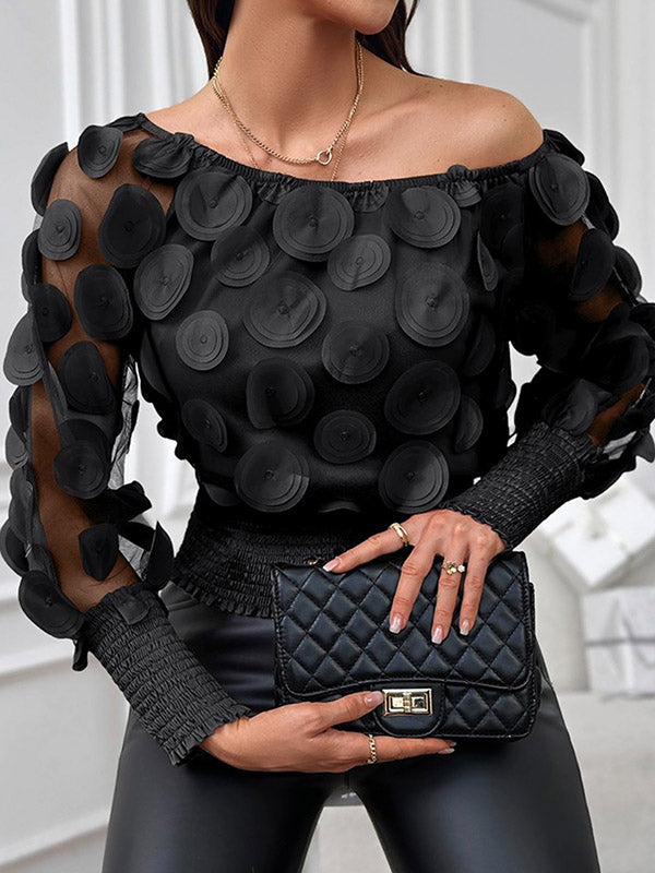 Chic Black Dot Round-Neck See-Through Puff Sleeve Tulle Blouse TT1036