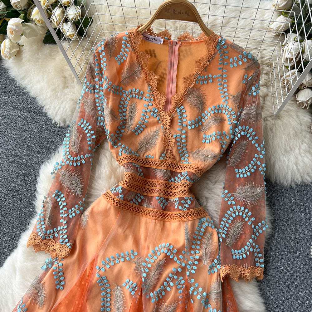 Italian Orange V-Neck Embroidery Tulle Long Sleeve Dress AR1005