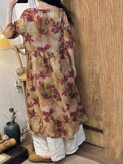 Robe ample d'été à fleurs et col rond en ramie pour femmes LL049