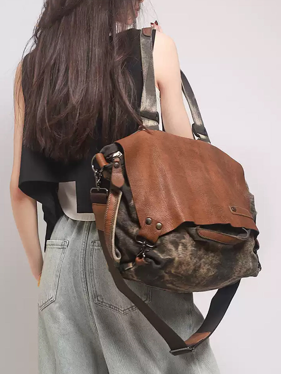 Women Vintage Genuine Leather Spliced Shoulder Bag WU016